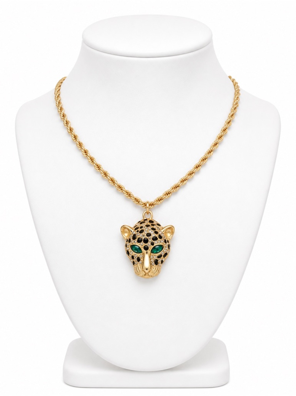 Gold-tone Leopard Head Pendant Necklace with Green Accents